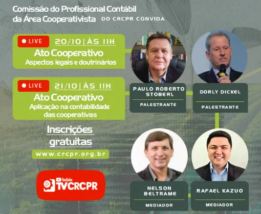 EVENTO: Lives sobre aspectos legais e aplicação do ato cooperativo na contabilidade serão transmitidas pela TV CRCPR, nos dias 20 e 21