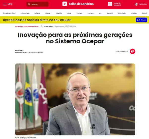 MÍDIA: Folha de Londrina publica segunda parte da entrevista com presidente do Sistema Ocepar sobre inovação