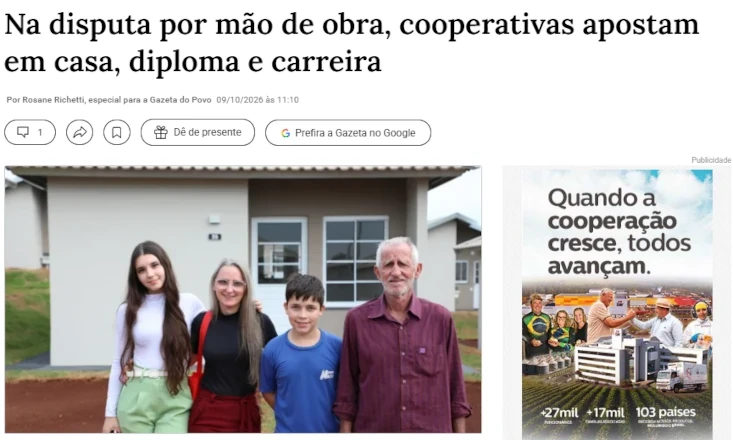 Gazeta do Povo destaca investimentos feitos pelas cooperativas para atrair m&atilde;o de obra