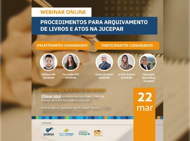 WEBINAR: Seminário online vai debater procedimentos para arquivamento de livros e atos na Jucepar