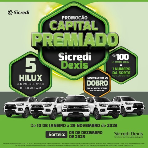 CRÉDITO: Sicredi Dexis sorteia cinco Hillux para associados da campanha Capital Premiado