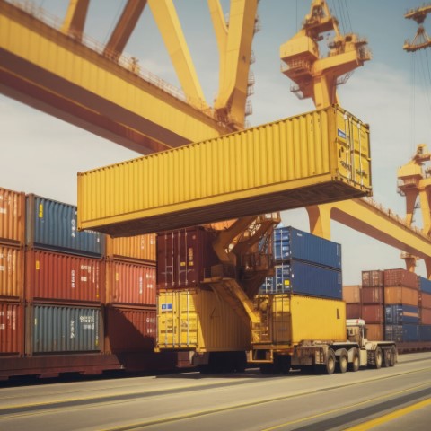 huge cargo crane of a harbor loading a yellow container.